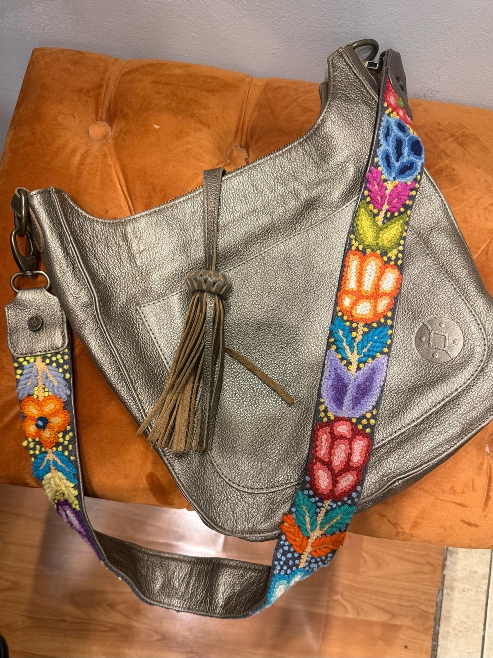 Metallic bronze Leather Hobo with Colorful Embroidered Strap